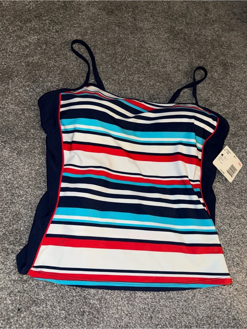 Women’s Athletech Striped Swim Top in Navy, Turquoise & Red NWT Size 14
